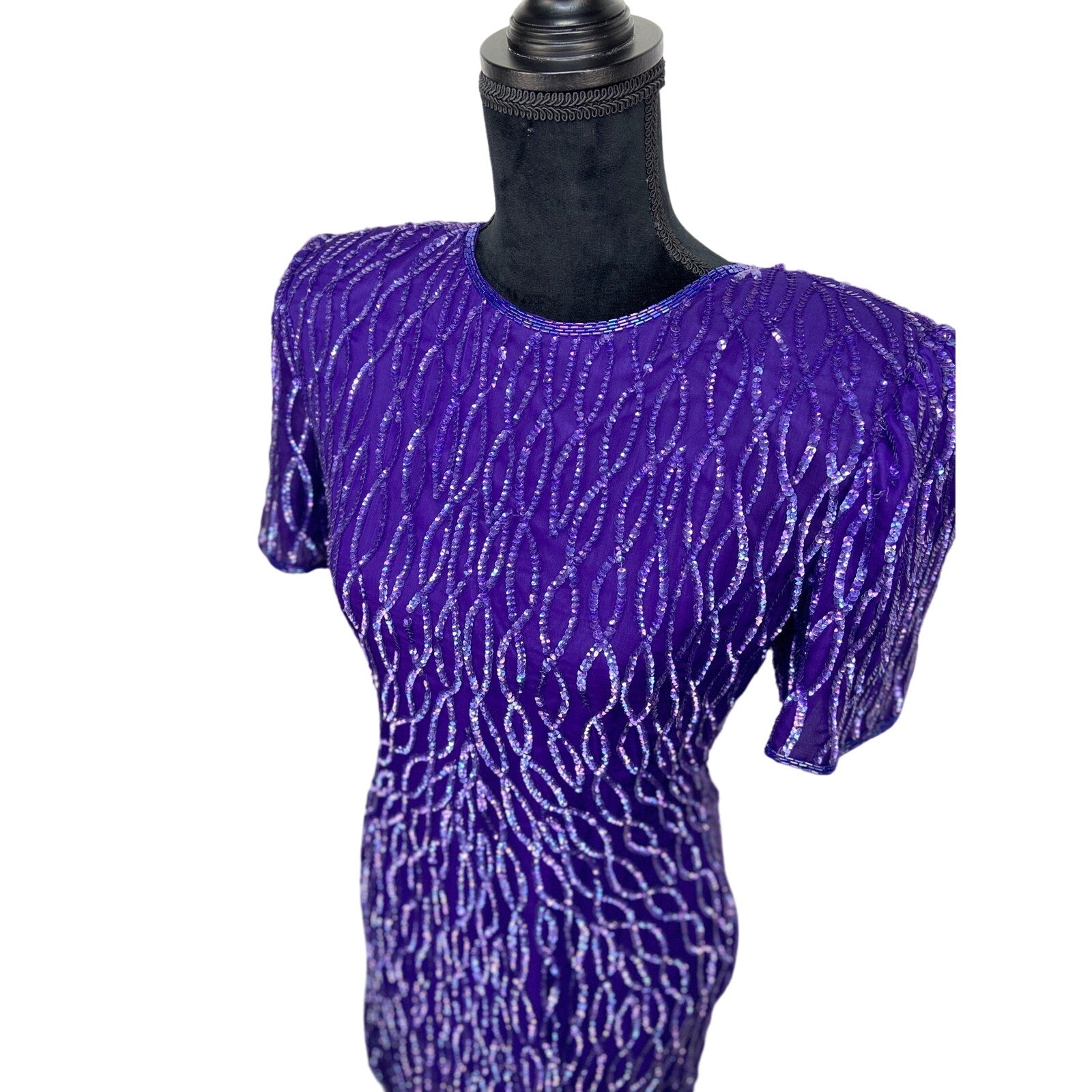 Vintage Laurence Kazar Purple Silk Sequins Cocktail Dress - Women's Size M
