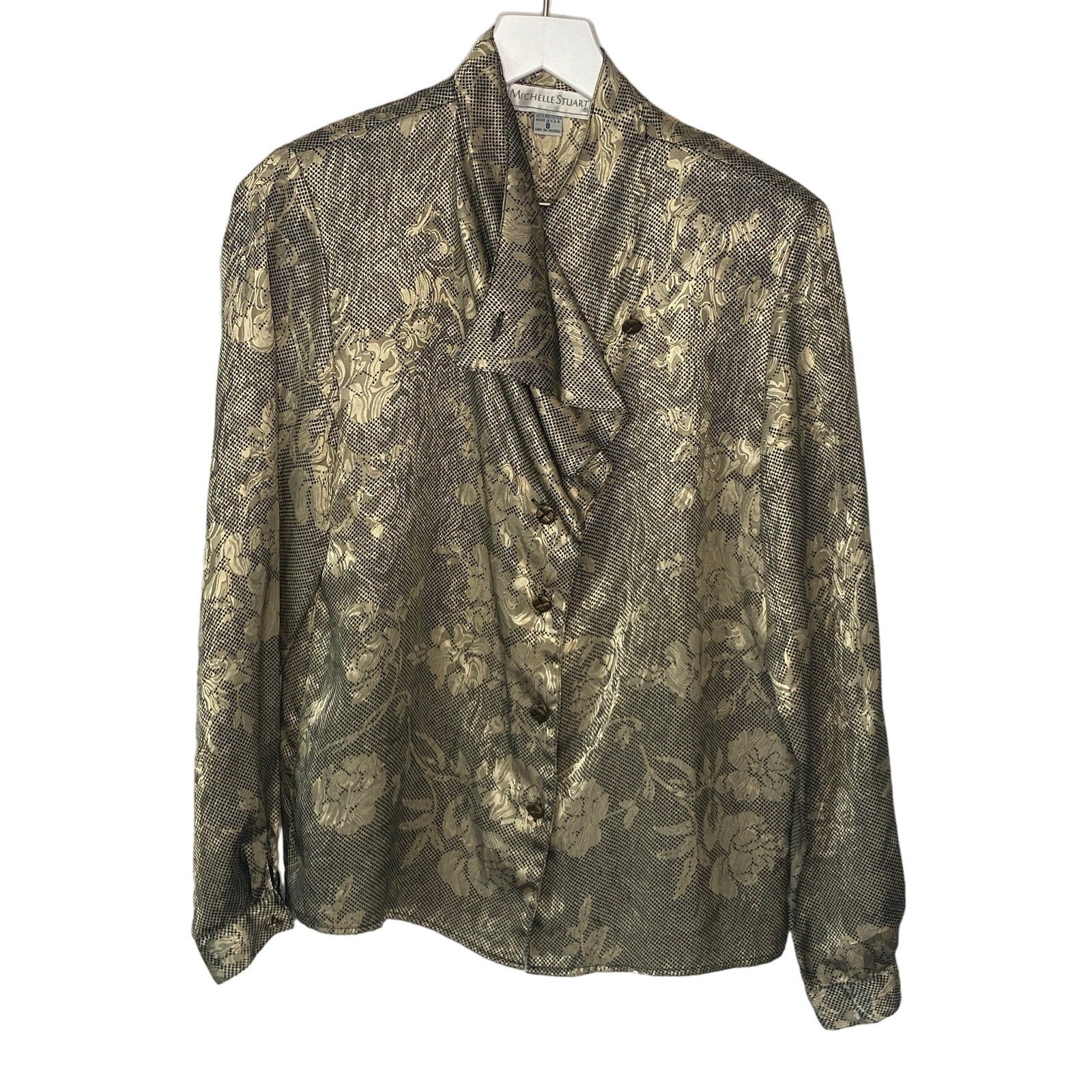Vintage Gold Lame Floral Print Button Up Blouse - Women's Size 8