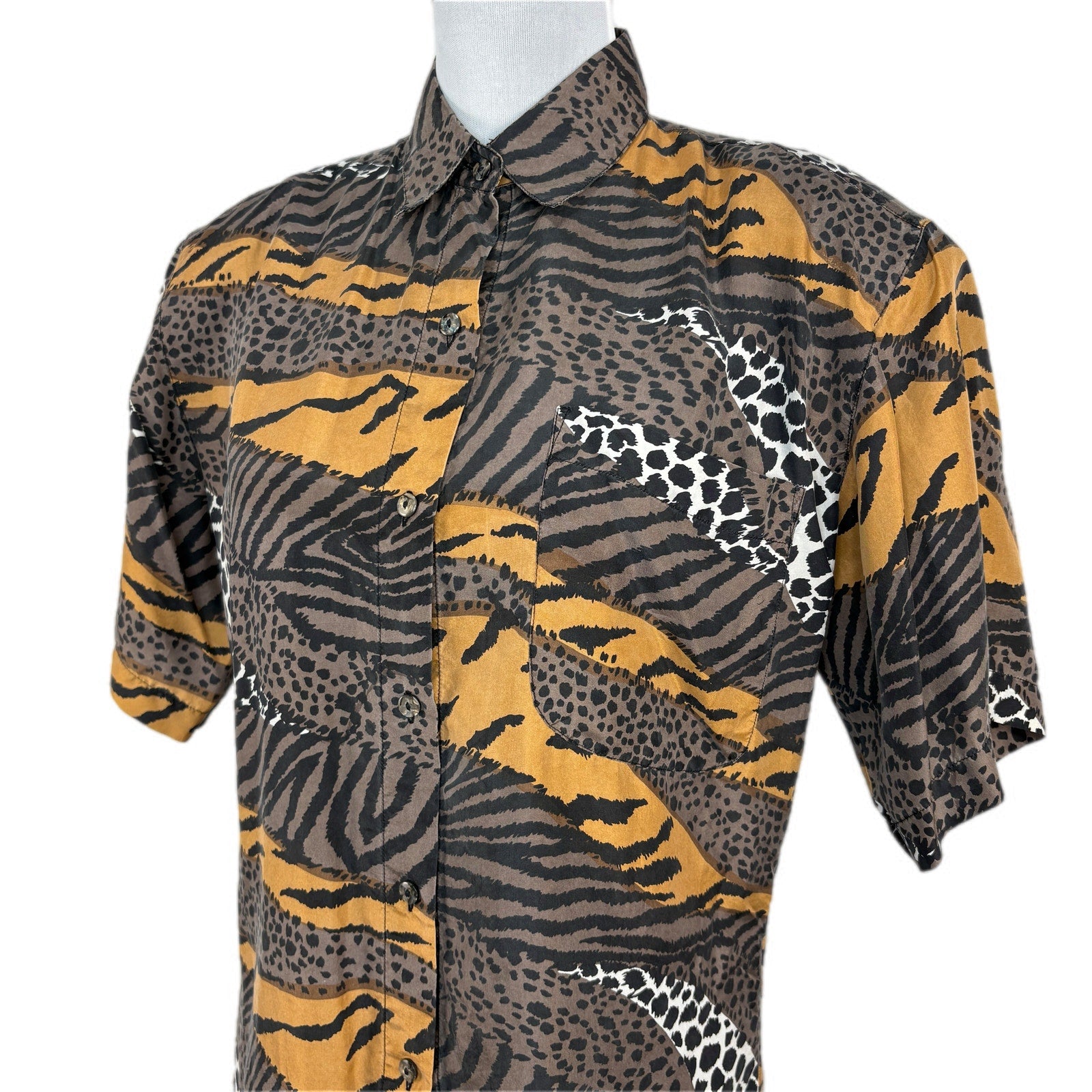 Vintage Silk Mixed Animal Print Short Sleeve Button Up Shirt - Women's Size L