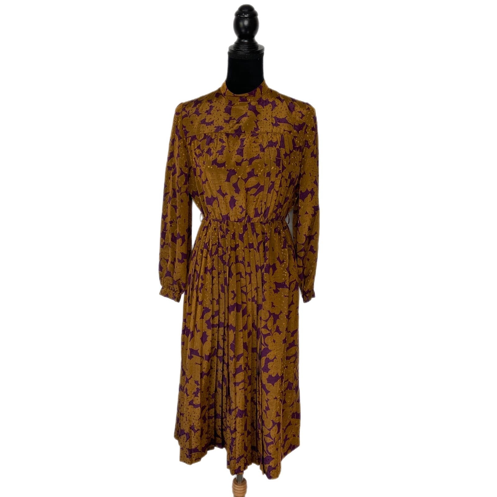 Vintage Floral Print Pleated Gold Fleck Dress - Women's Small
