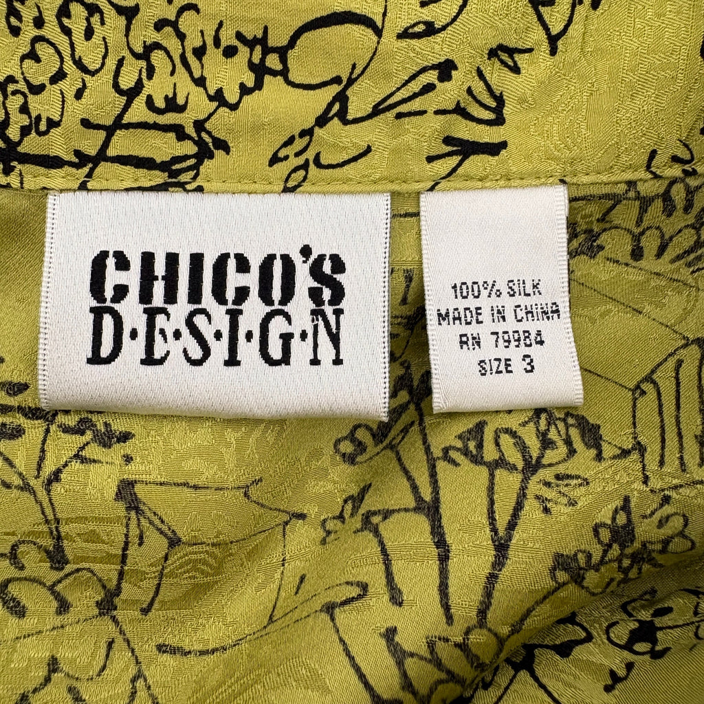 Chico's Green Printed Silk Button Up Blouse - Women's Size XL