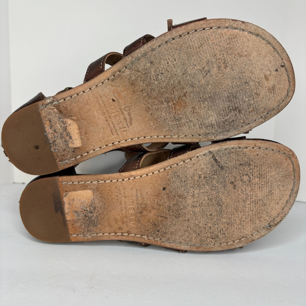 BED|STU Alena Brown Leather Fringe Zip Back Boho Gladiator Sandals - Women's 8