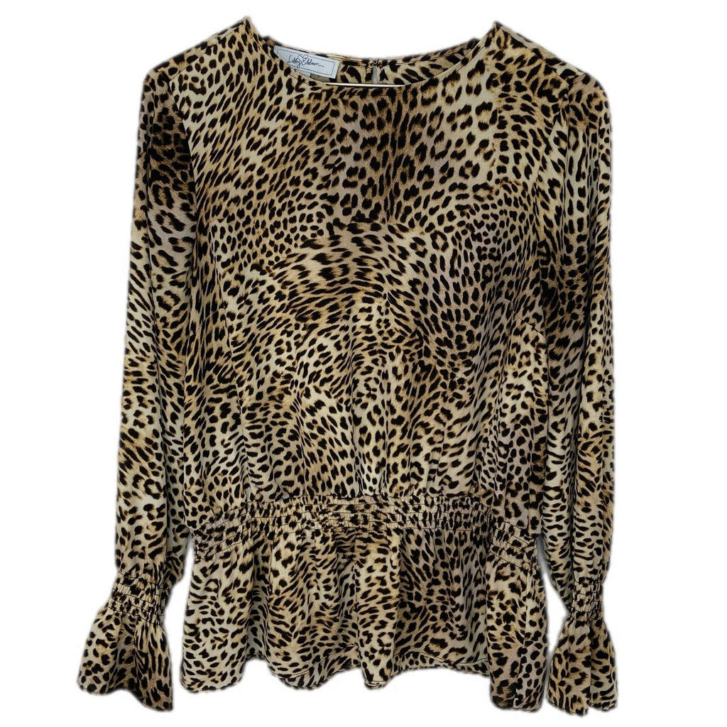 Libby Edelman Leopard Print Gathered Waist Peplum Mob Wife Chic Top - Women'se L