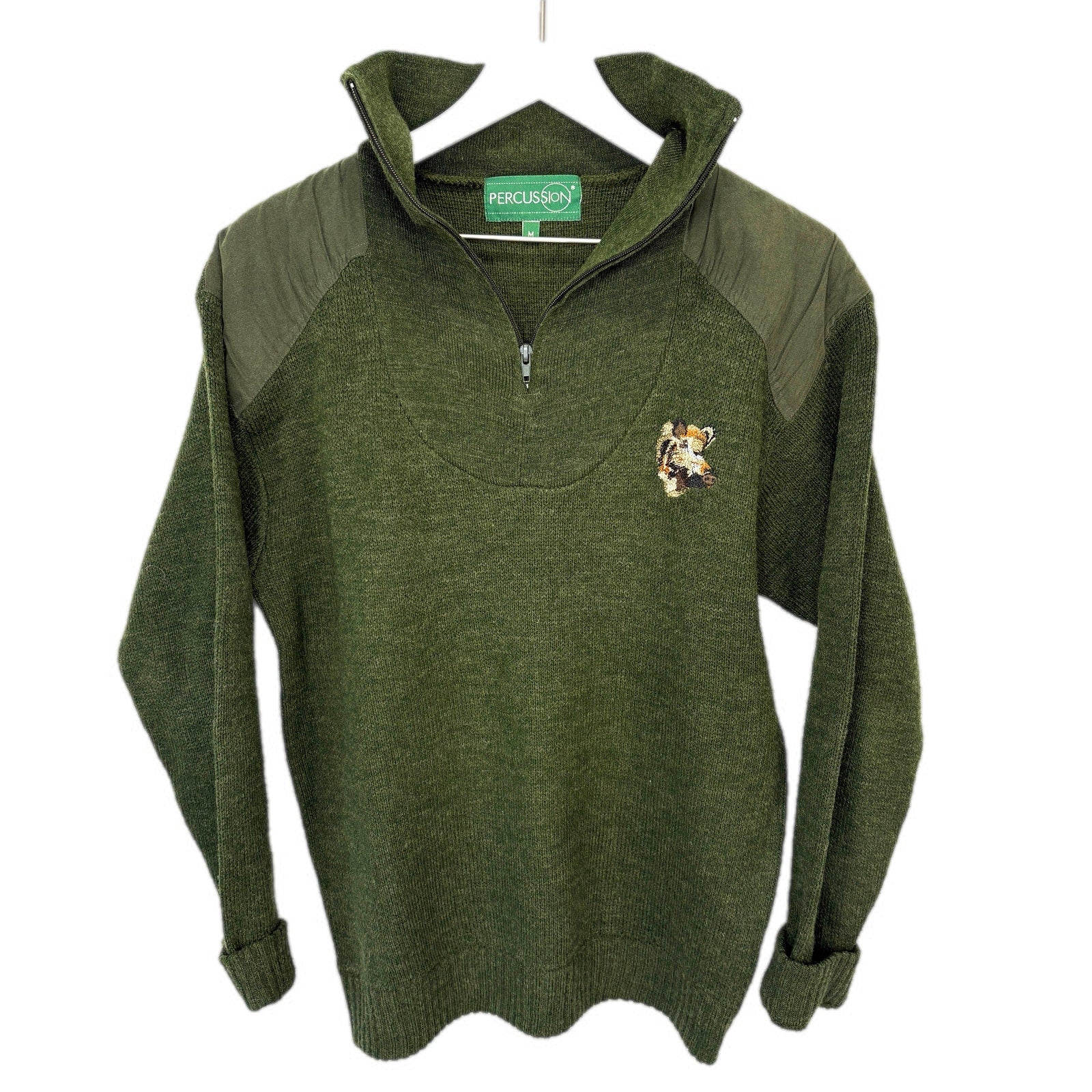 Green Wool Blend 1/4 Zip Embroidered Boar Sweater - Men's Size M