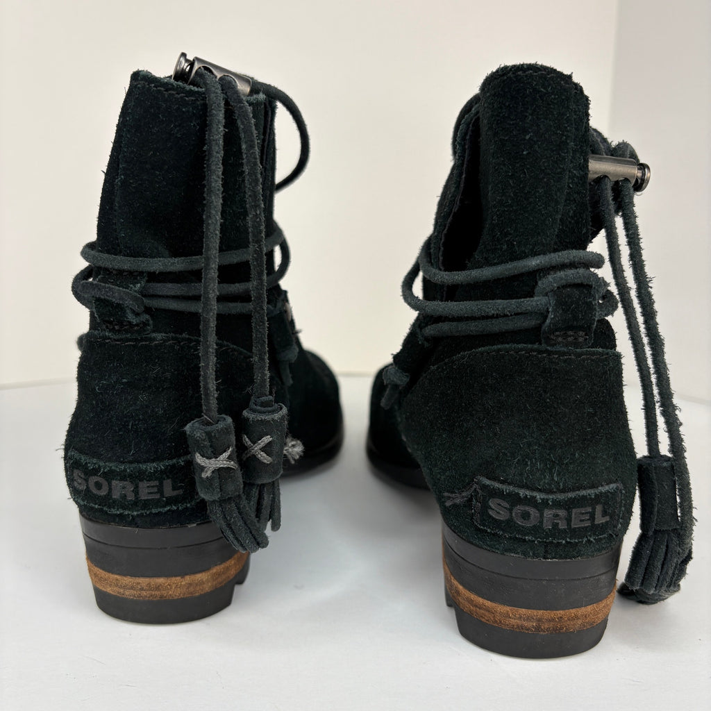 Sorel Farah Black Suede Tassel Booties - Women's Size 7.5