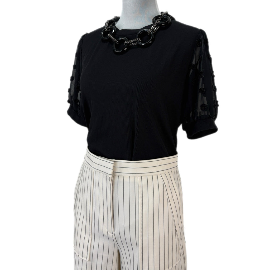 Black Ribbed Short Sheer Sleeve Top - Women's Size L