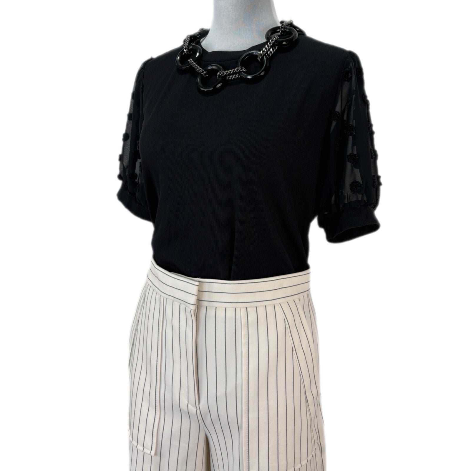 Black Ribbed Short Sheer Sleeve Top - Women's Size L