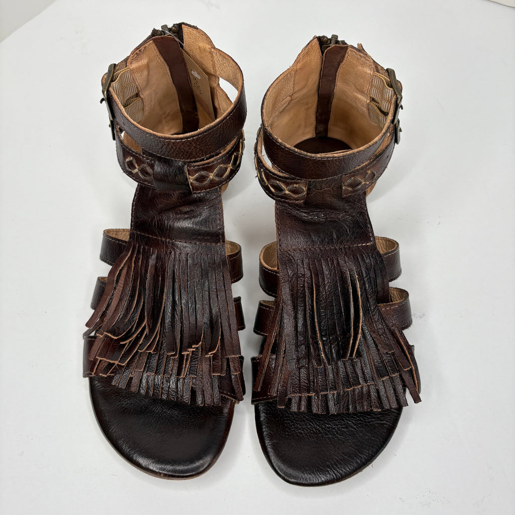 BED|STU Alena Brown Leather Fringe Zip Back Boho Gladiator Sandals - Women's 8