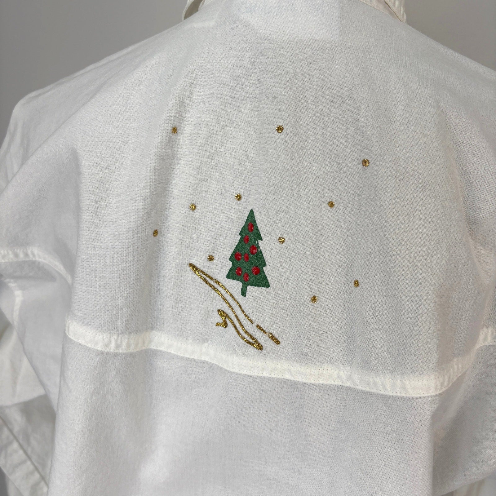 Vintage Christmas Tree Glitter Paint Button Up Shirt - Women's Size L