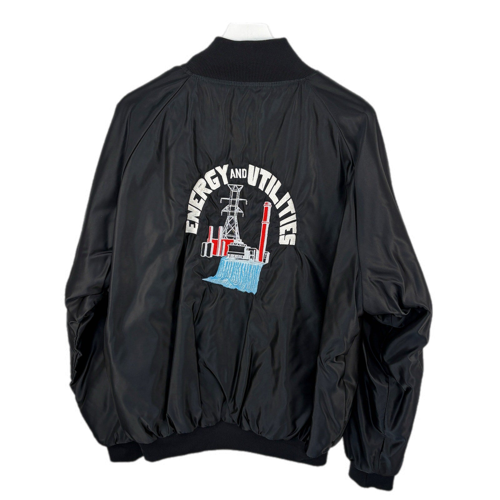 Vintage Black Satin Energy Utilities Trucker Jacket Made in USA - Men's Size XL