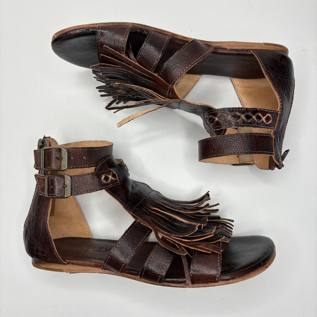 BED|STU Alena Brown Leather Fringe Zip Back Boho Gladiator Sandals - Women's 8