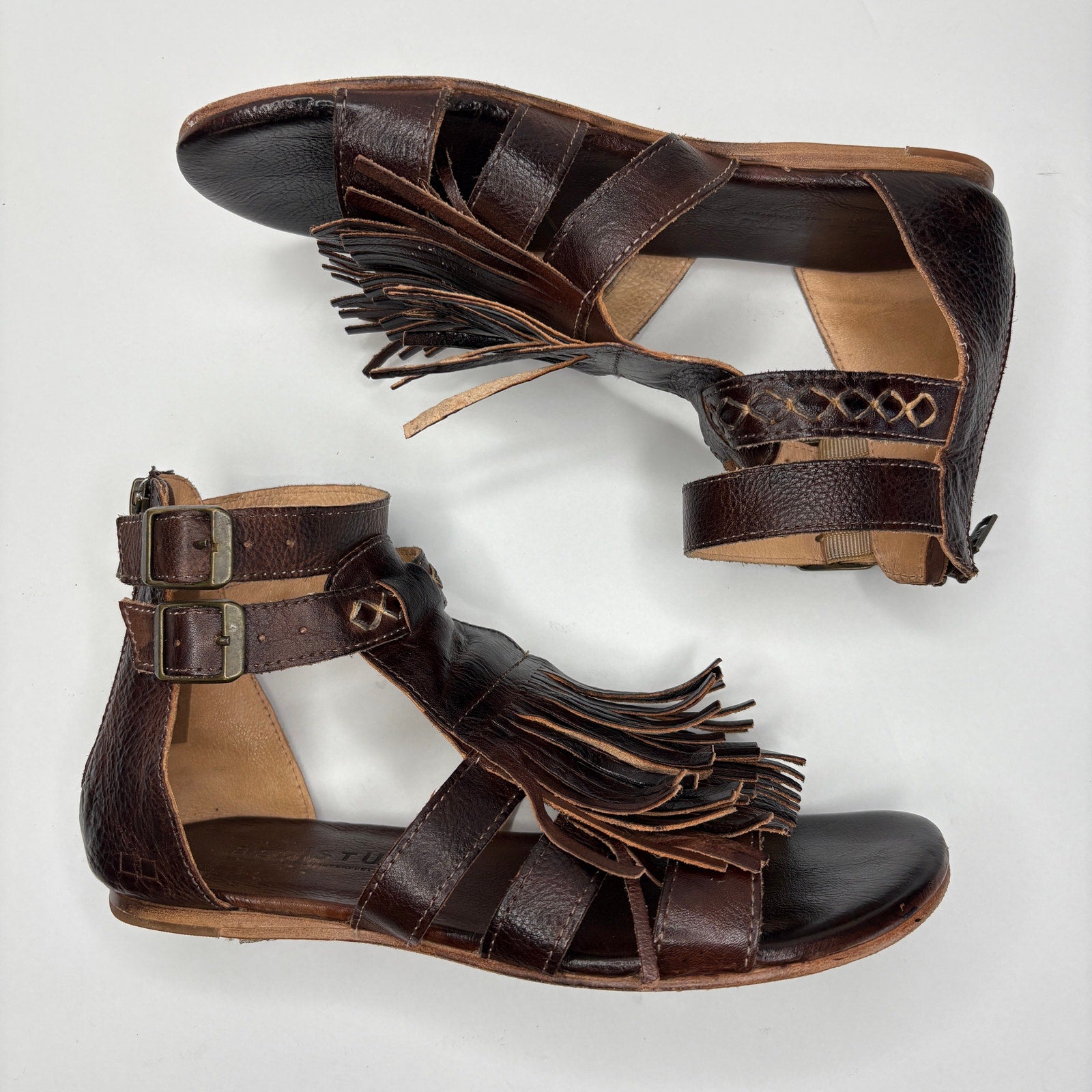 BED|STU Alena Brown Leather Fringe Zip Back Boho Gladiator Sandals - Women's 8