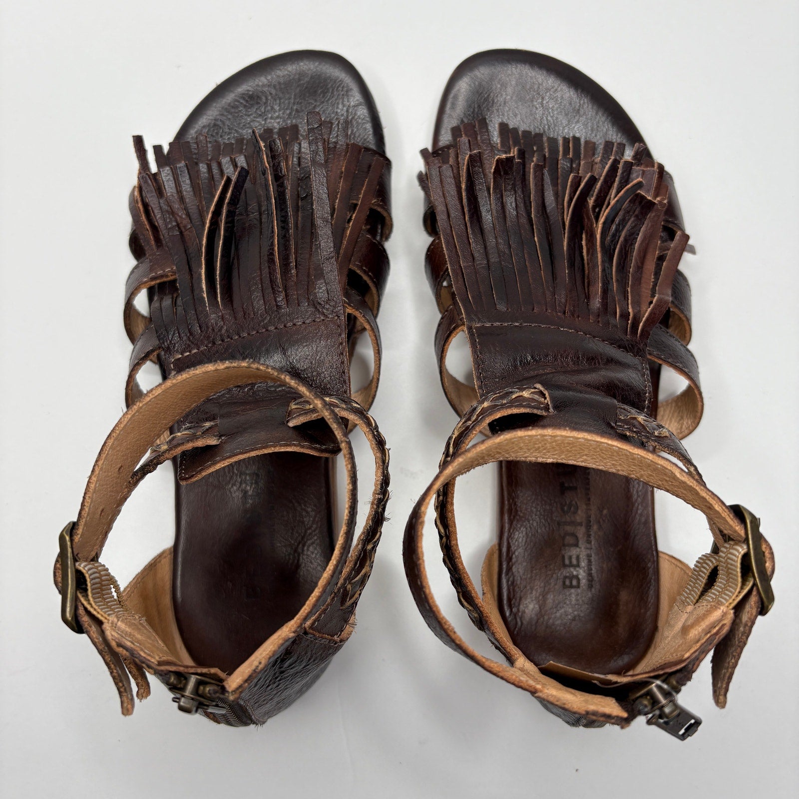 BED|STU Alena Brown Leather Fringe Zip Back Boho Gladiator Sandals - Women's 8
