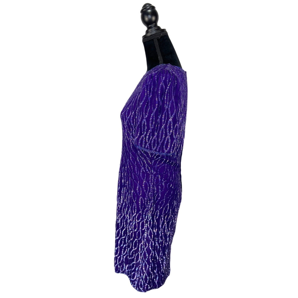 Vintage Laurence Kazar Purple Silk Sequins Cocktail Dress - Women's Size M