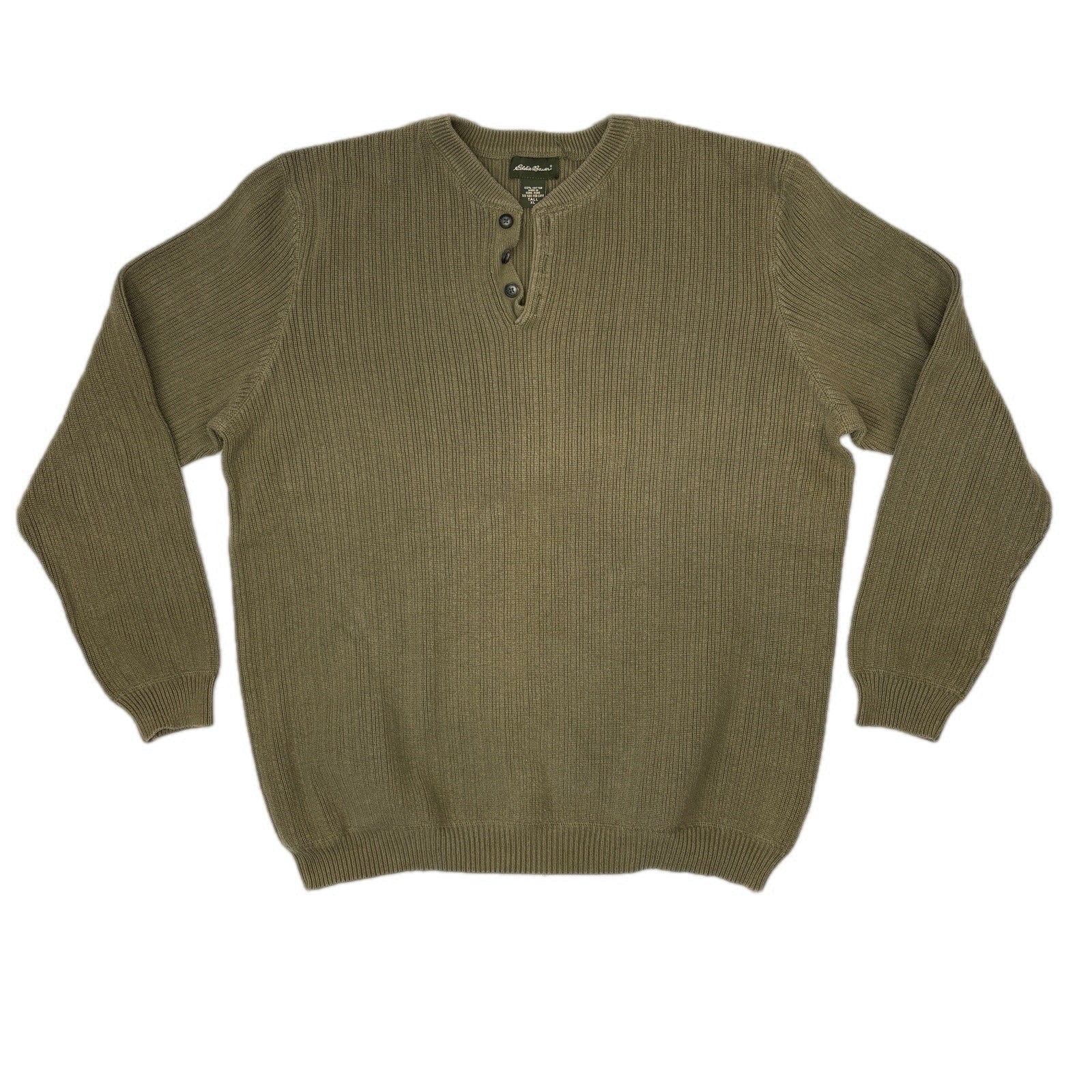 Vintage Eddie Bauer Moss Green Cotton Henley Sweater - Men's Size XL Tall