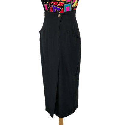 Vintage Black Wrap Pencil Skirt Gold Buttons Slouch Pockets - Women's Size 7