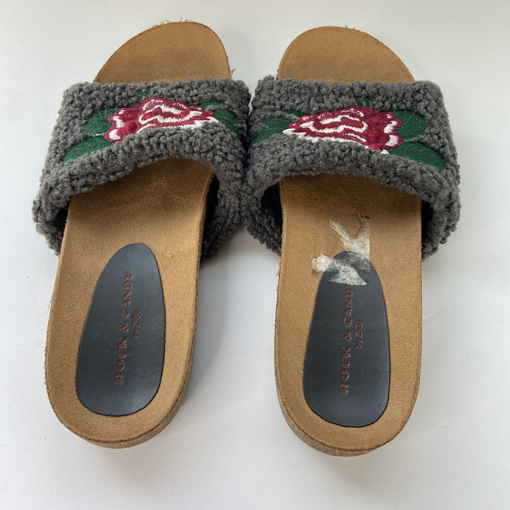 Rock & Candy Faux Fur Embroidered Floral Slides - Women's Size 9.5