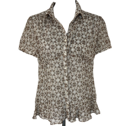 Sheer Paisley Ruffle Hem Short Sleeve Button Up Shirt - Women's Size L