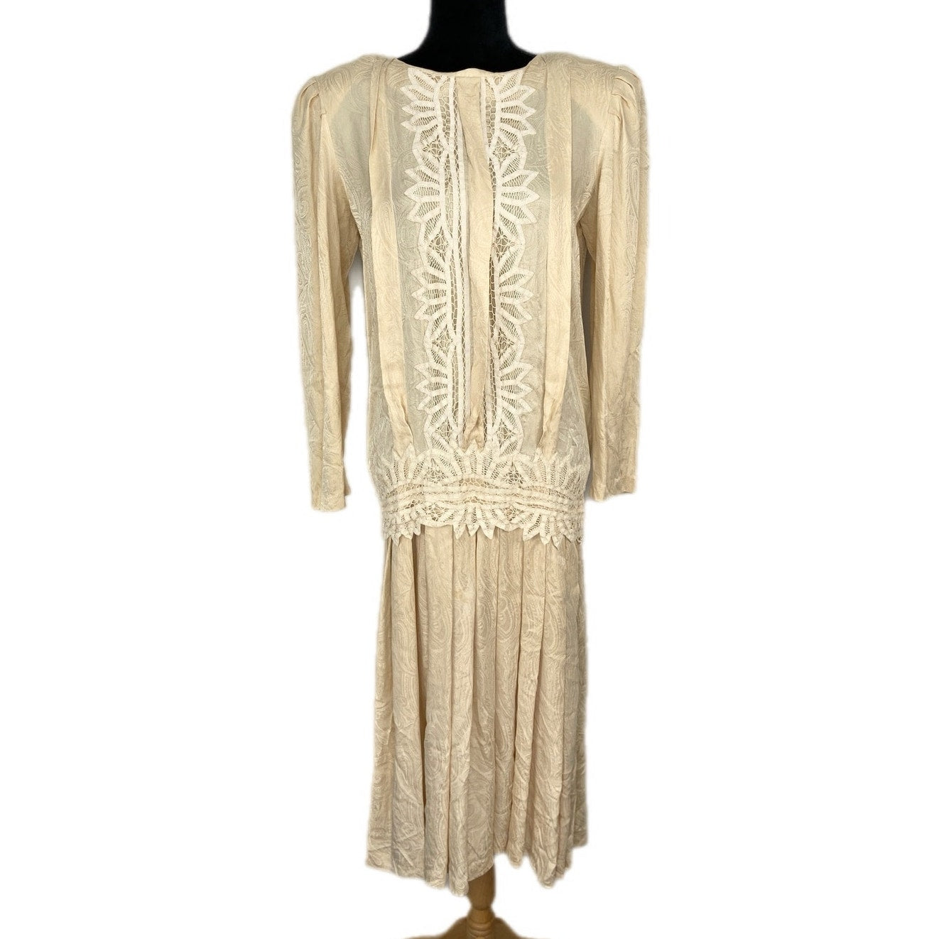 Vintage Butter Yellow Silk Damask Drop Waist 20's Style Dress - Women's Size 10