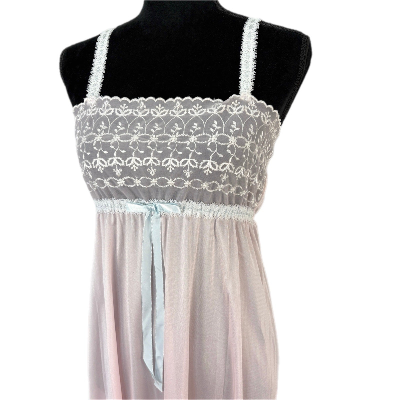 American Vintage Pink Nylon Strappy Long Nightgown Cute Bow - Women's Size M