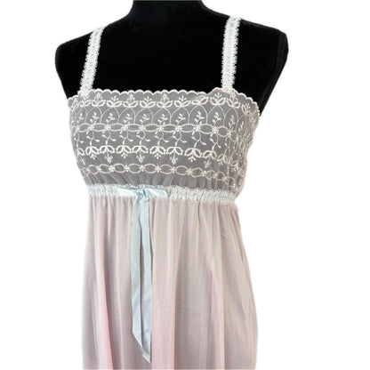 American Vintage Pink Nylon Strappy Long Nightgown Cute Bow - Women's Size M