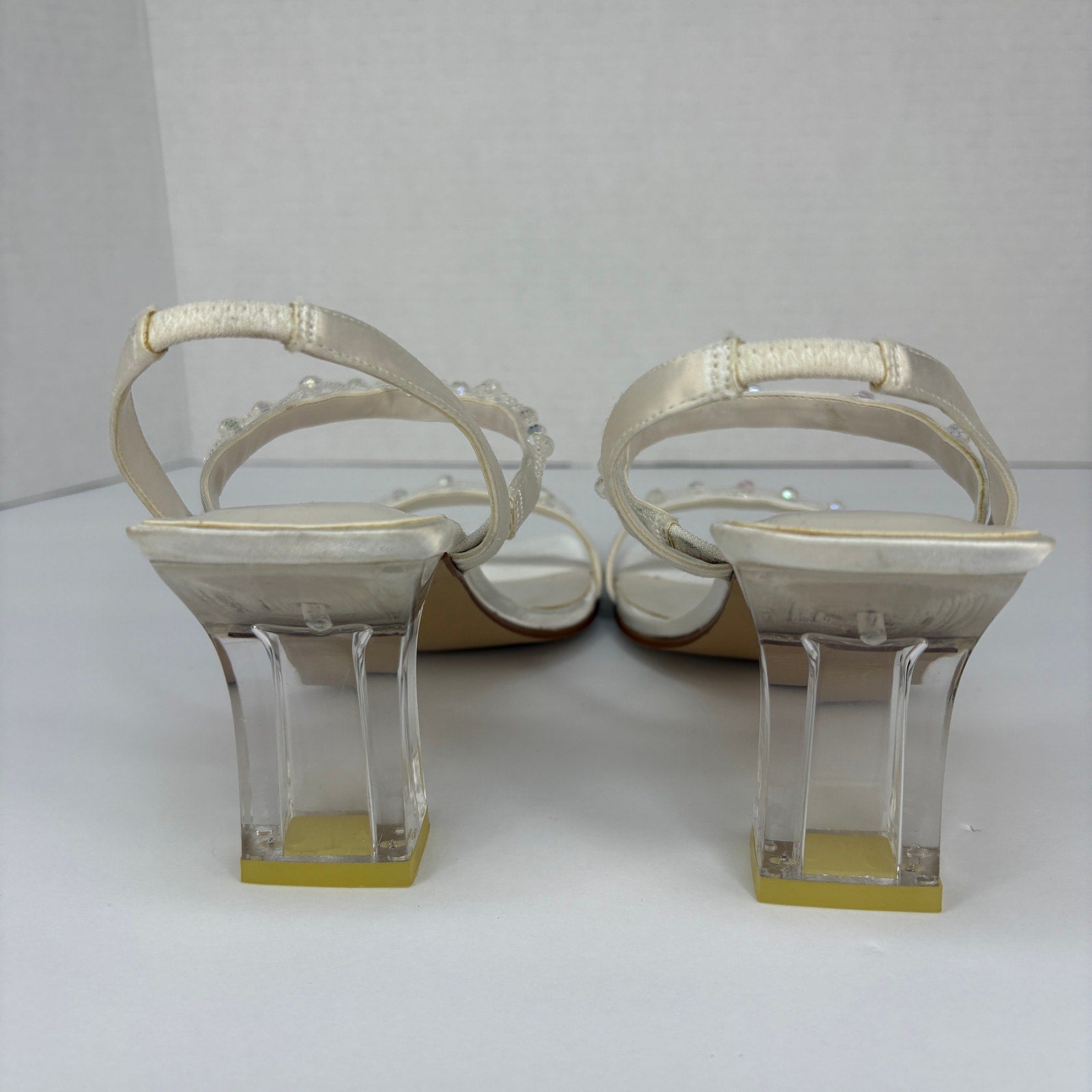 Y2K Vintage White Beaded Square Toe Acrylic Heel Sandals - Women's Size 7.5