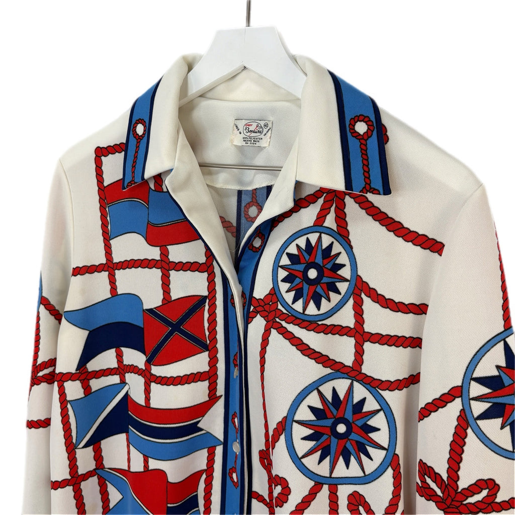 Vintage 70's Nautical Patterned Long Sleeve Button Up Shirt - Women's Size L