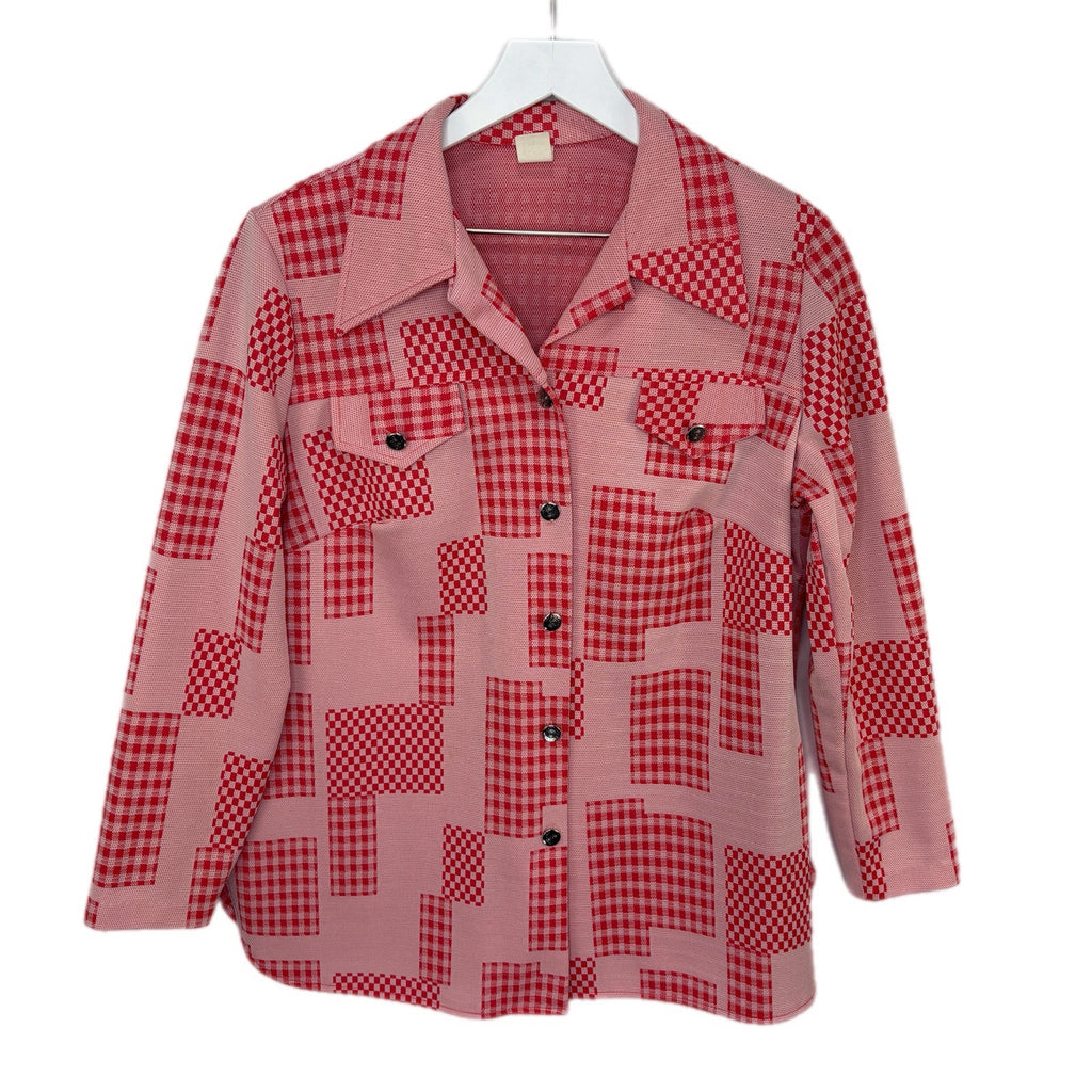 Vintage 60's 70's Checkered Pattern Long Sleeve Button Front Shirt Women's 18.5