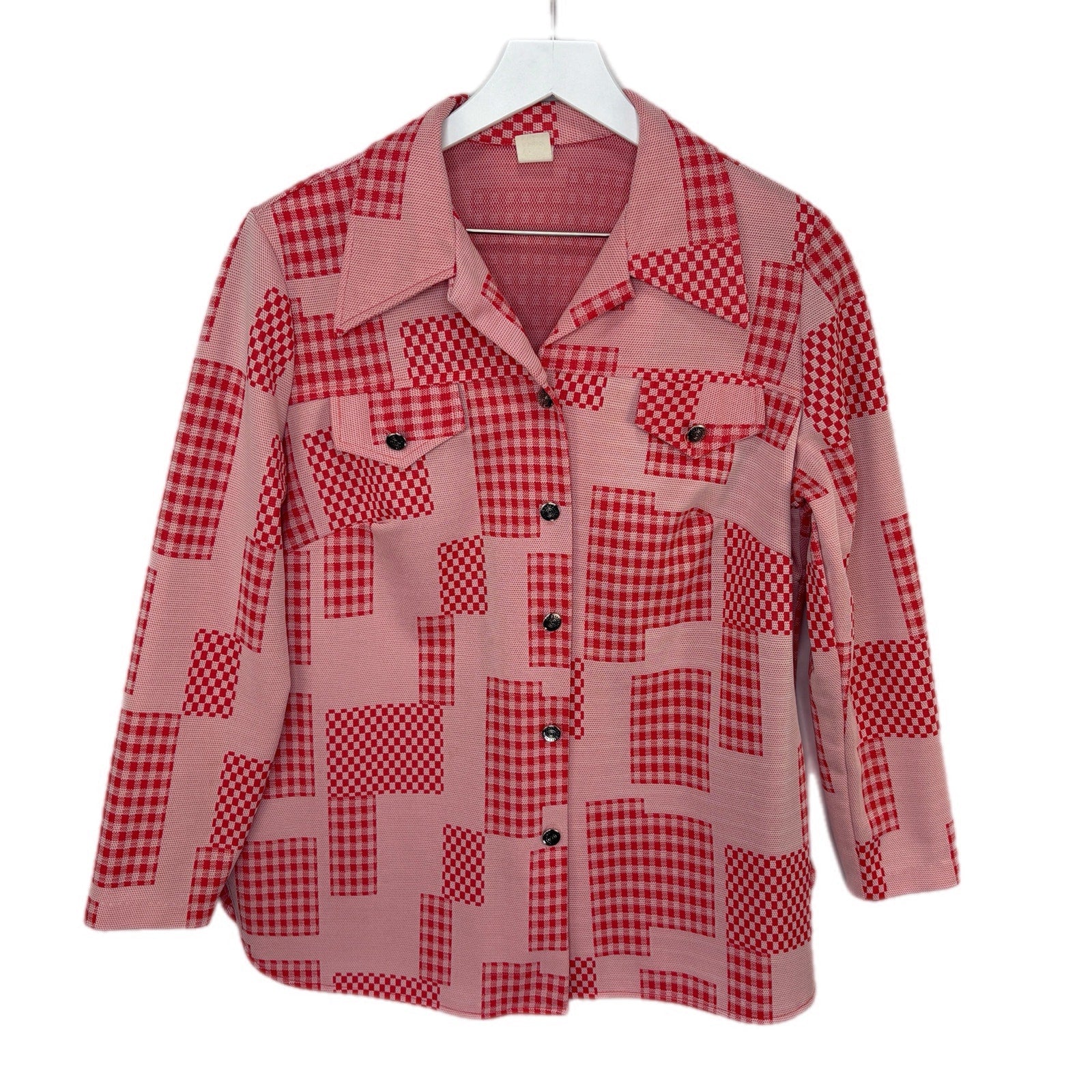 Vintage 60's 70's Checkered Pattern Long Sleeve Button Front Shirt Women's 18.5