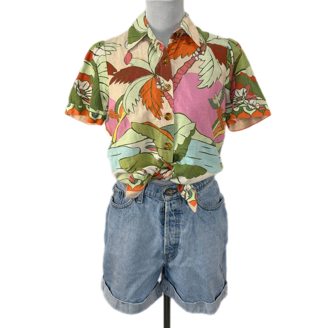 Farm Rio for Anthropologie Linen Blend Tropical Print Button Up - Women's XS