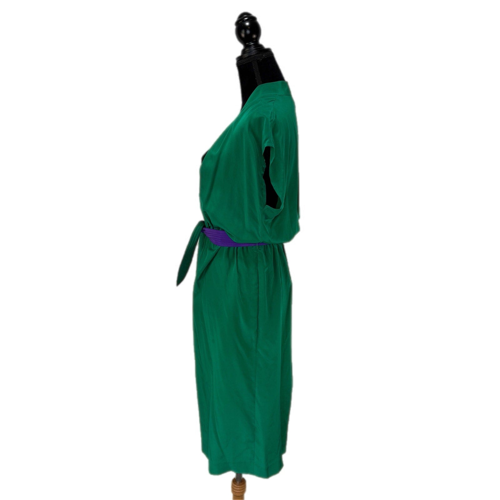 Vintage Kelly Green Silk Dress Matching Purple/Green Belt - Women's Size 12