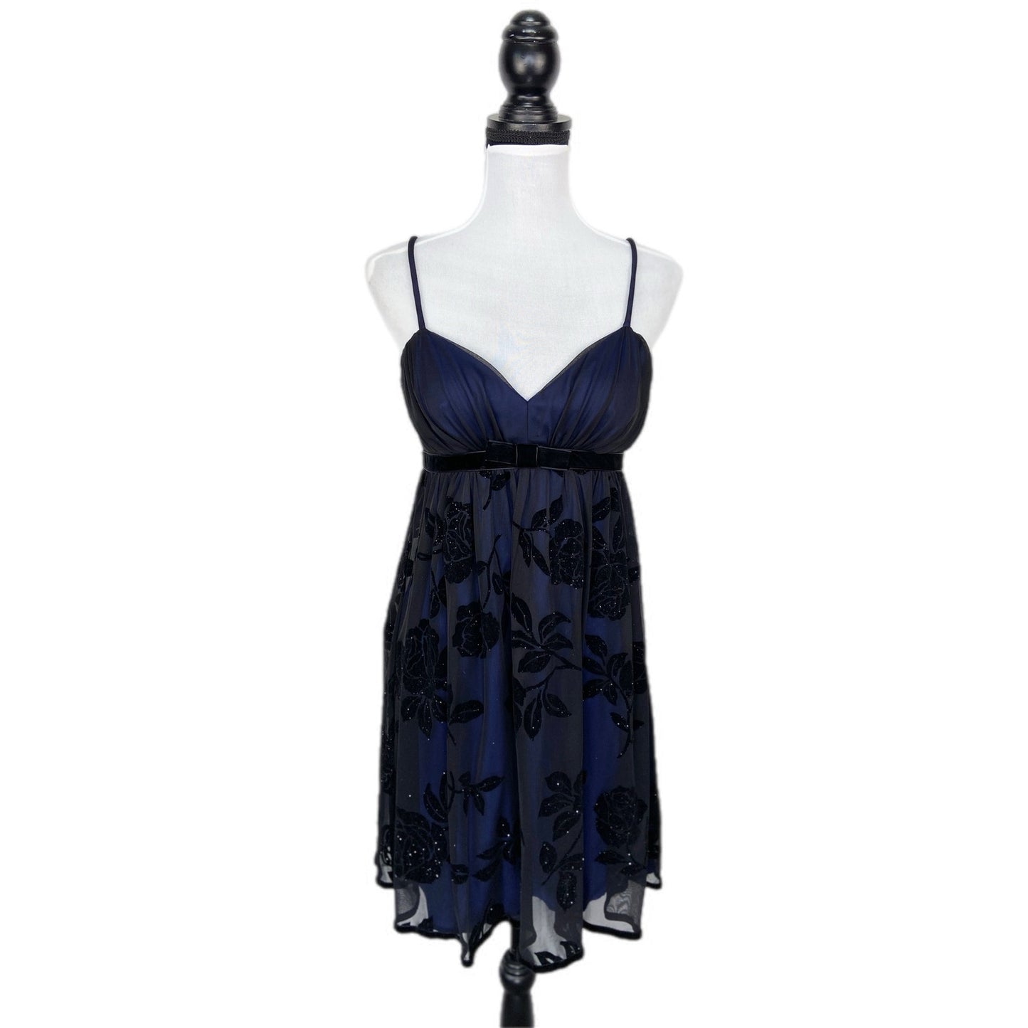 Y2K Blue Black Floral Flocked Short Formal Prom Dress NWT - Women's Size M