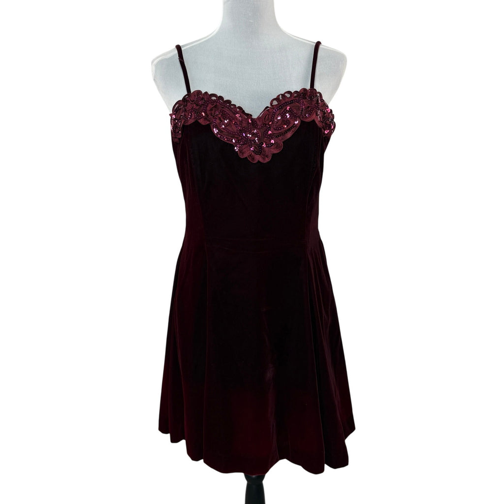 American Vintage Burgundy Velvet Sequin Detail Short Formal Dress - Women's 12