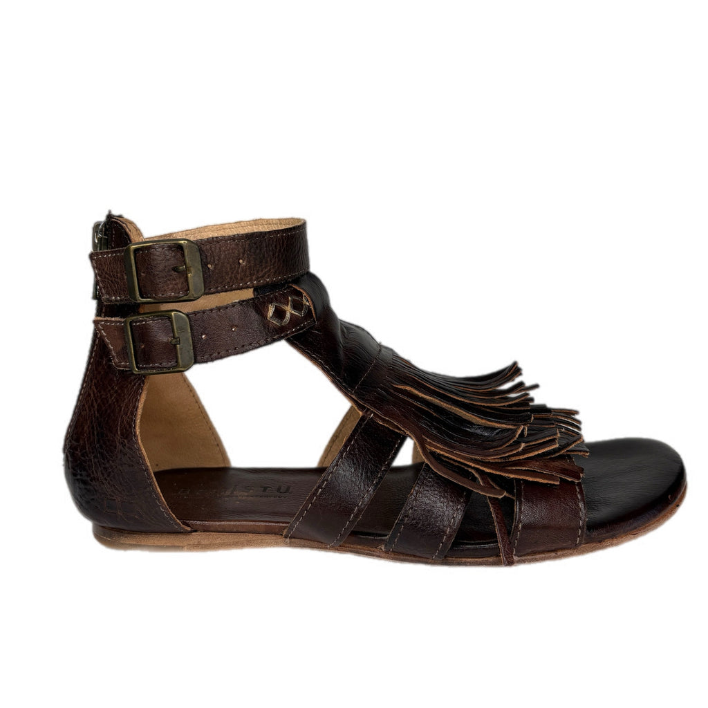 BED|STU Alena Brown Leather Fringe Zip Back Boho Gladiator Sandals - Women's 8