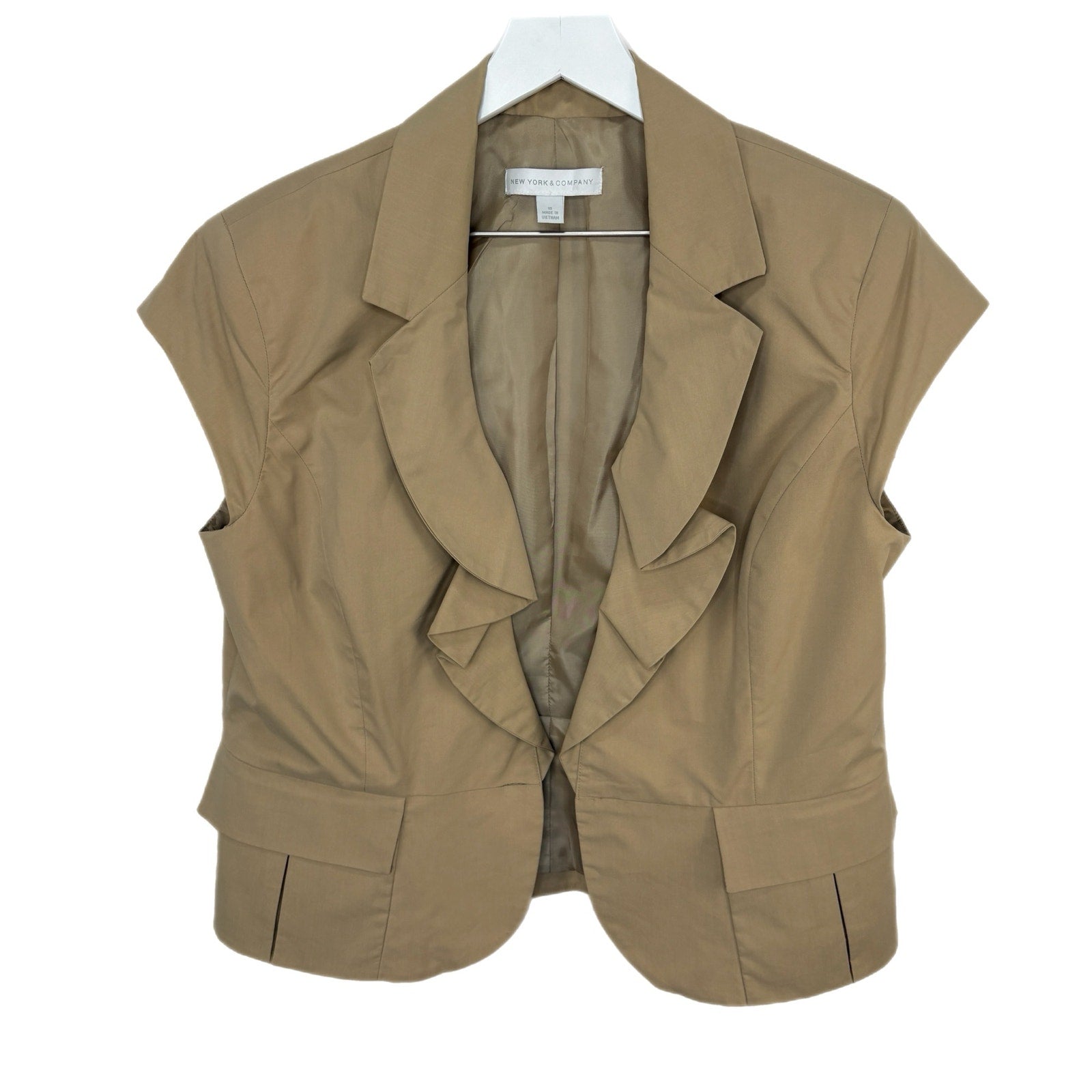New York & Company Khaki Cap Sleeve Ruffle Lapel Open Front Vest - Women's 18
