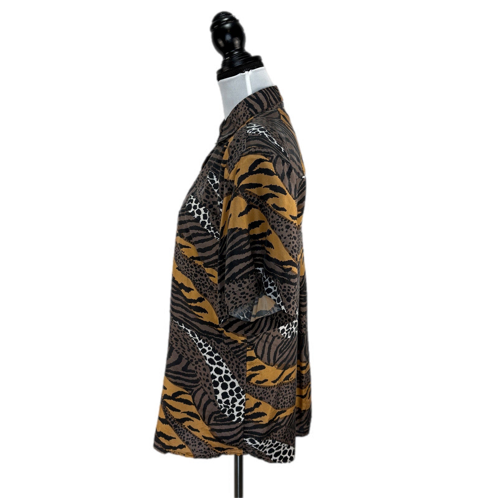 Vintage Silk Mixed Animal Print Short Sleeve Button Up Shirt - Women's Size L