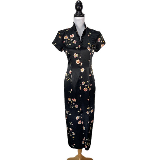 American Vintage Black Silky Floral 90's Long Dress - Women's Size 6