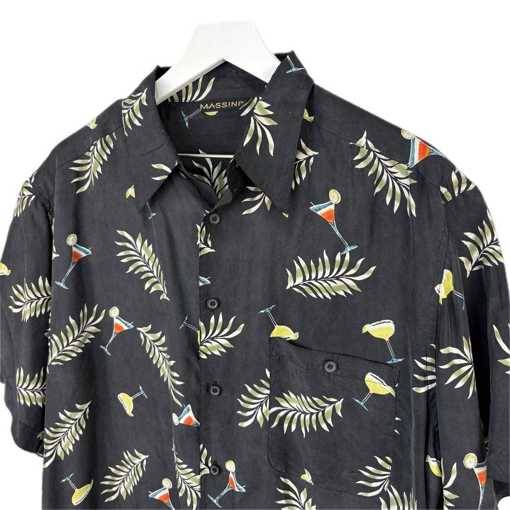 Massini Black Silk Martini Leaves Print Hawaiian Shirt - Men's L
