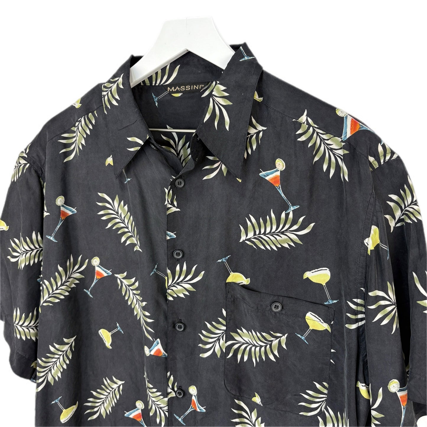 Massini Black Silk Martini Leaves Print Hawaiian Shirt - Men's L