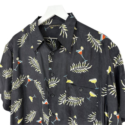 Massini Black Silk Martini Leaves Print Hawaiian Shirt - Men's L