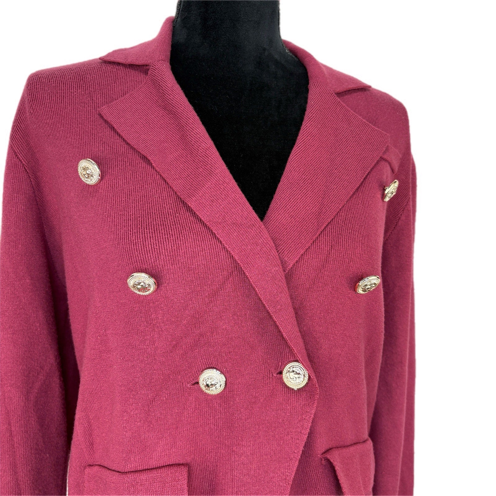 Eva & Paige Burgundy Knit Double Breasted Gold Button Top - Women's Size L