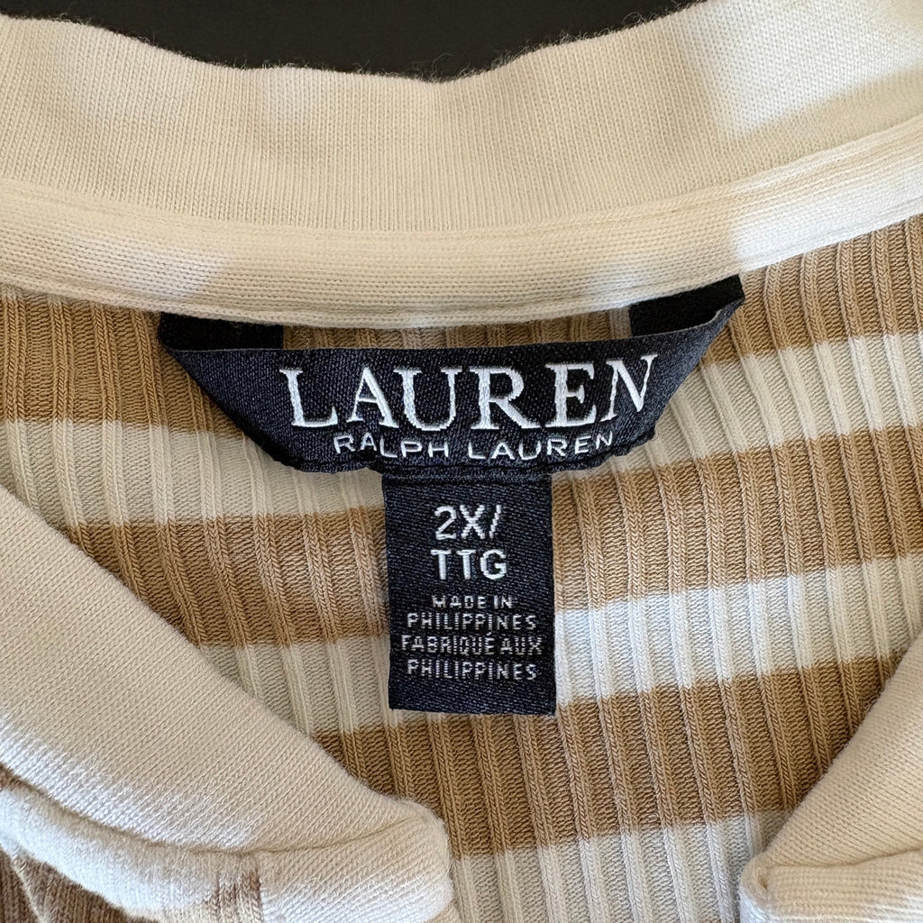 Ralph Lauren Tan White Stripe Short Sleeve Henley Shirt - Women's Size 2X