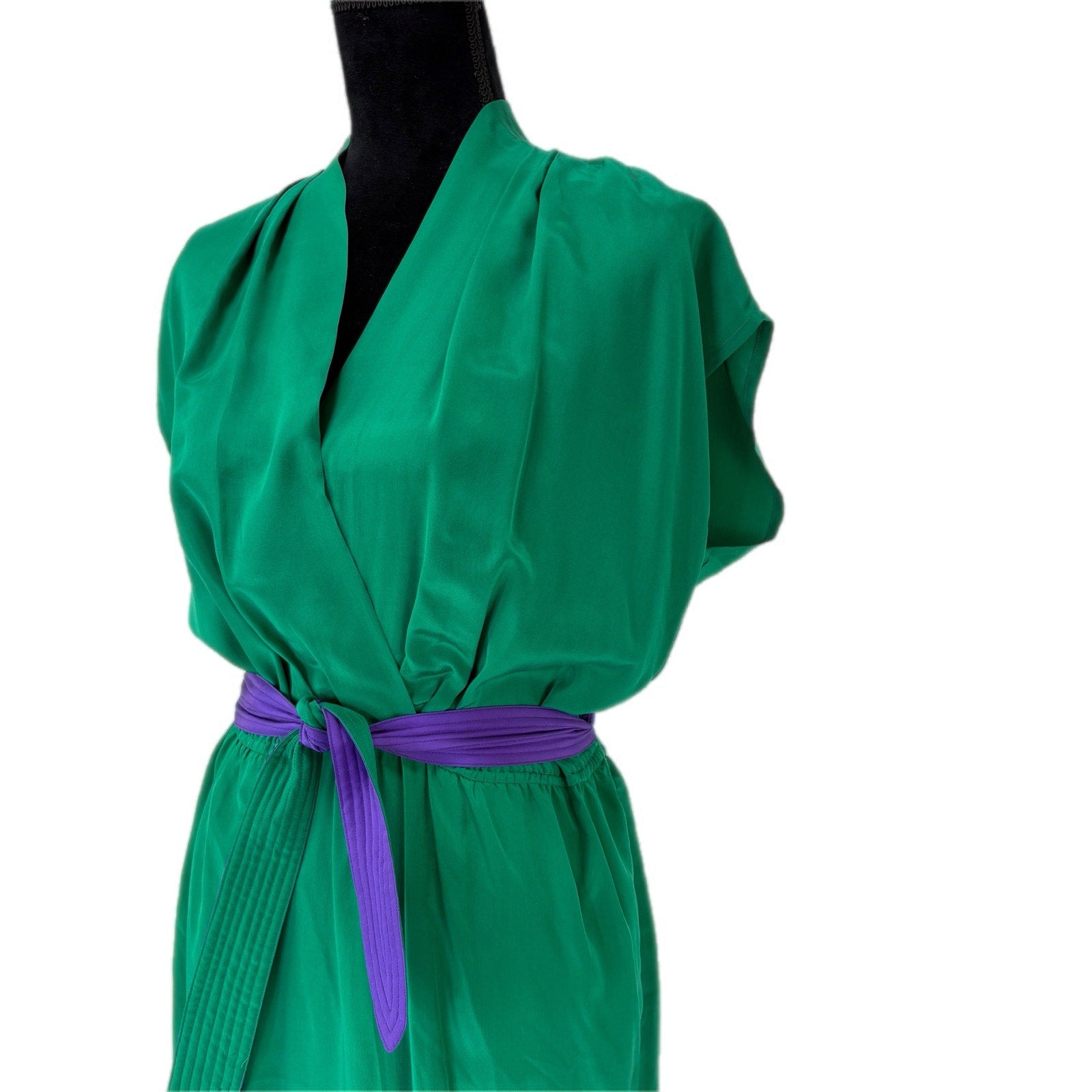 Vintage Kelly Green Silk Dress Matching Purple/Green Belt - Women's Size 12