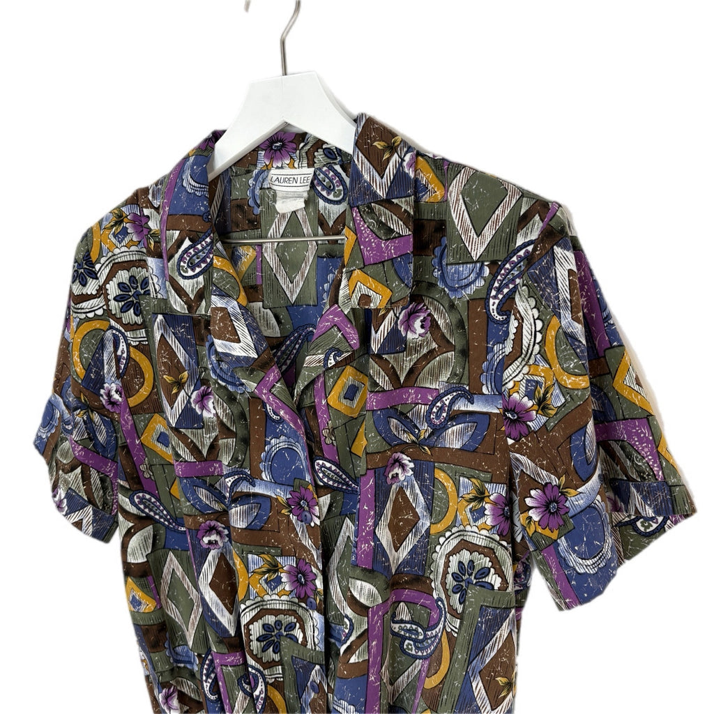 Vintage Paisley Geo Mixed Pattern Gathered Waist Blouse - Women's Size 14