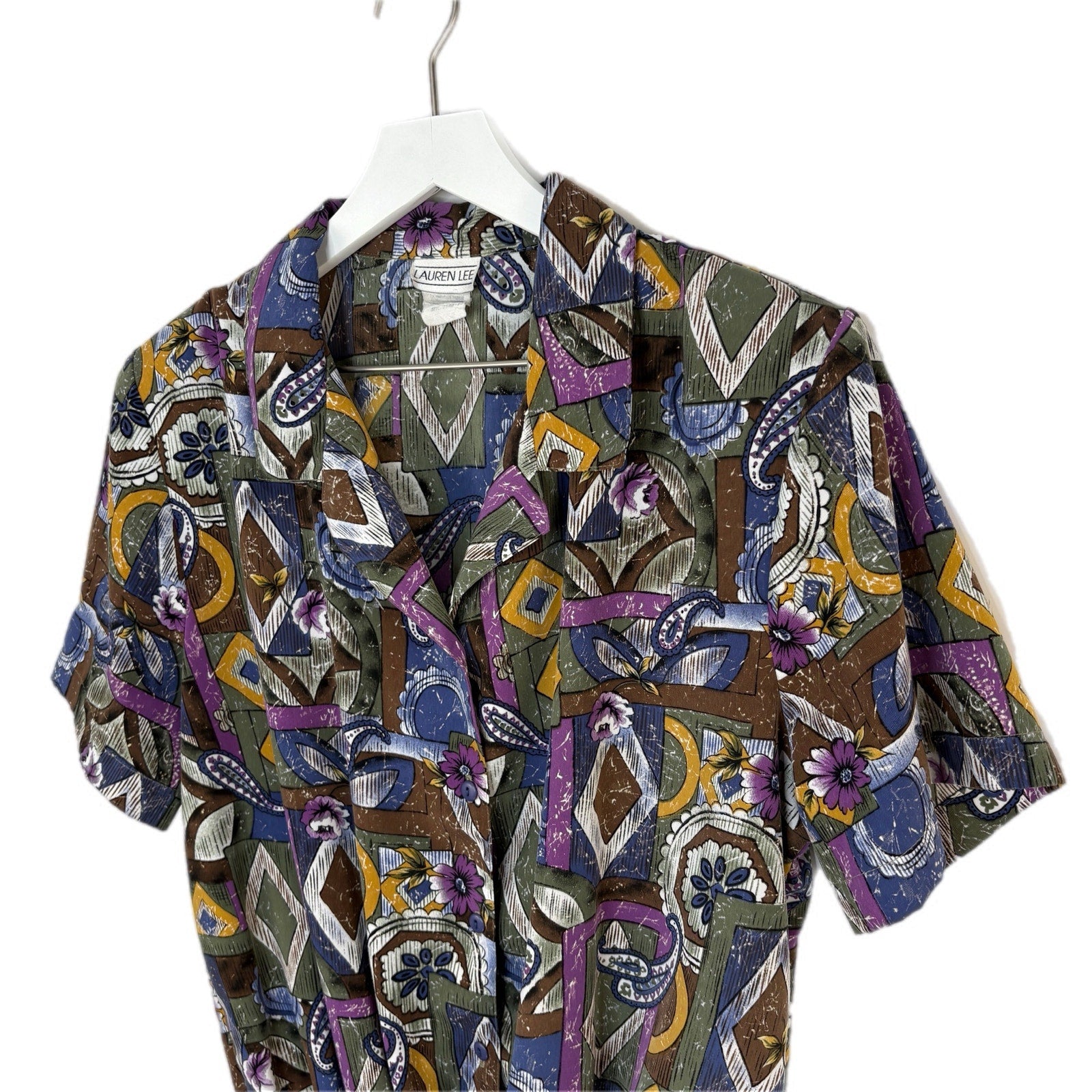 Vintage Paisley Geo Mixed Pattern Gathered Waist Blouse - Women's Size 14