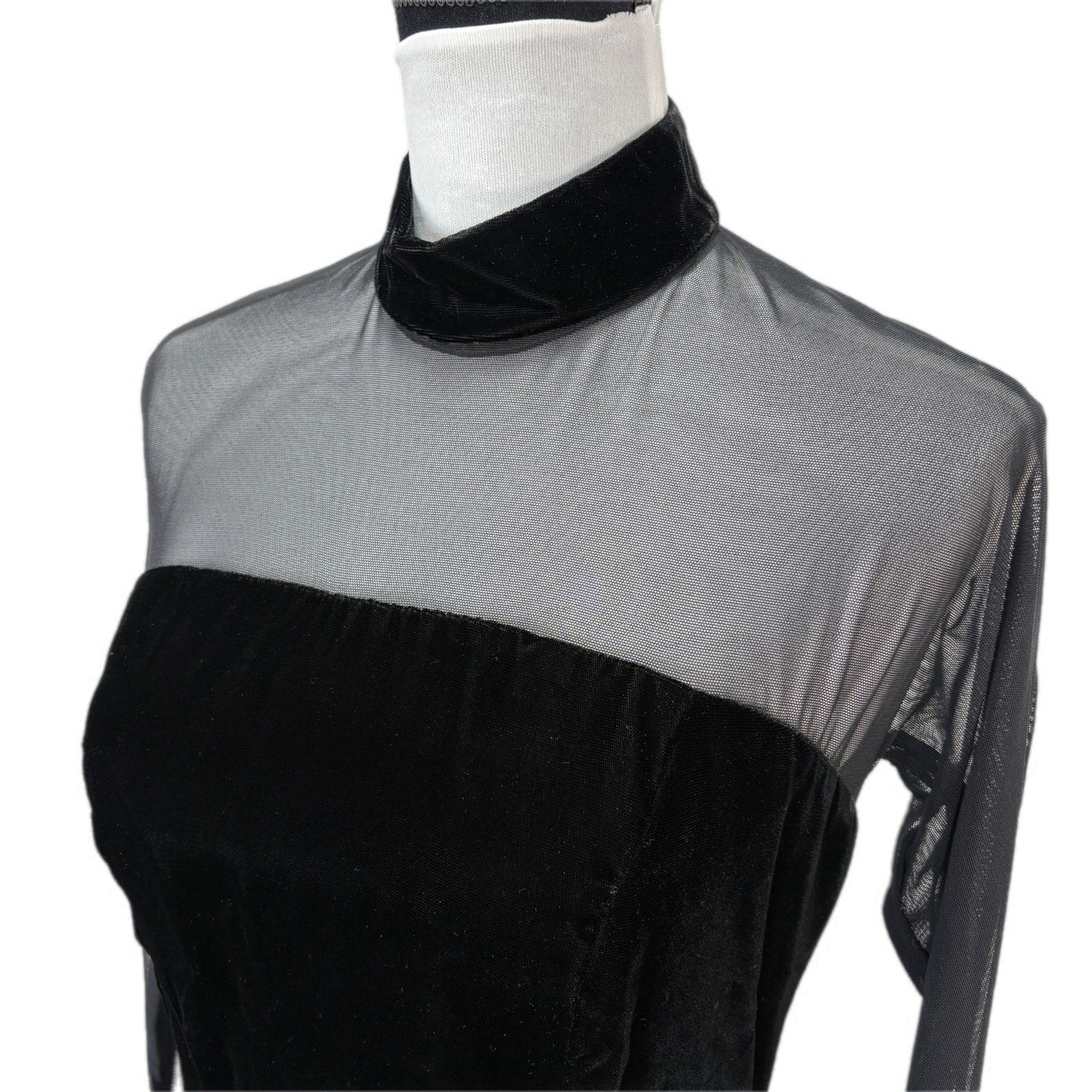 Vintage Black Velvet Sheer Long Sleeve Formal Dress - Women's Size 10