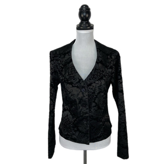 Black Flocked Floral Textured Crop Button Up Jacket - Women's Size L