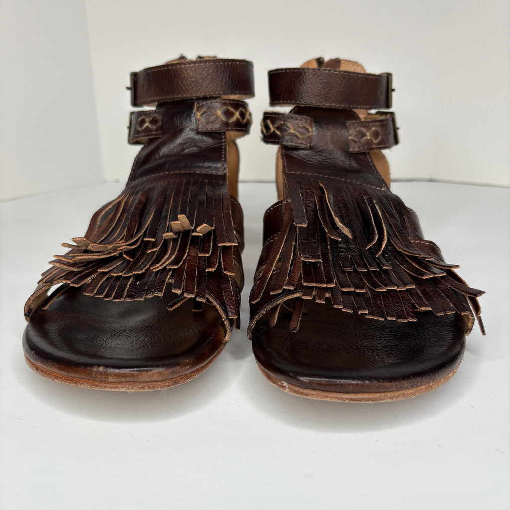 BED|STU Alena Brown Leather Fringe Zip Back Boho Gladiator Sandals - Women's 8