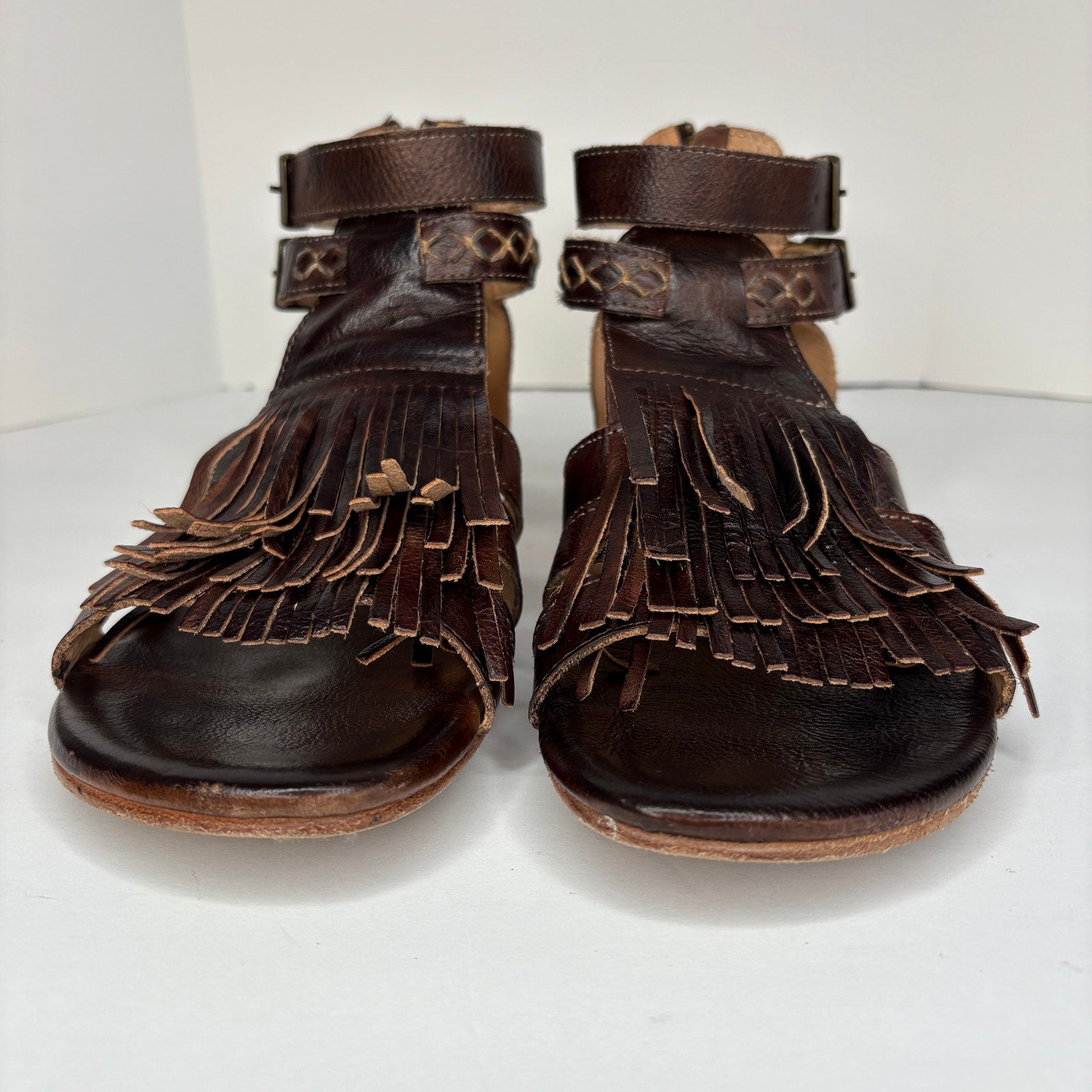BED|STU Alena Brown Leather Fringe Zip Back Boho Gladiator Sandals - Women's 8