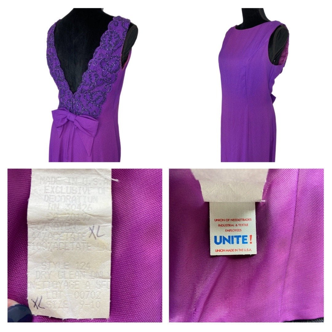 Vintage Purple Sparkle Bead Detailed Long Formal Dress Union Made - Women's 9/10